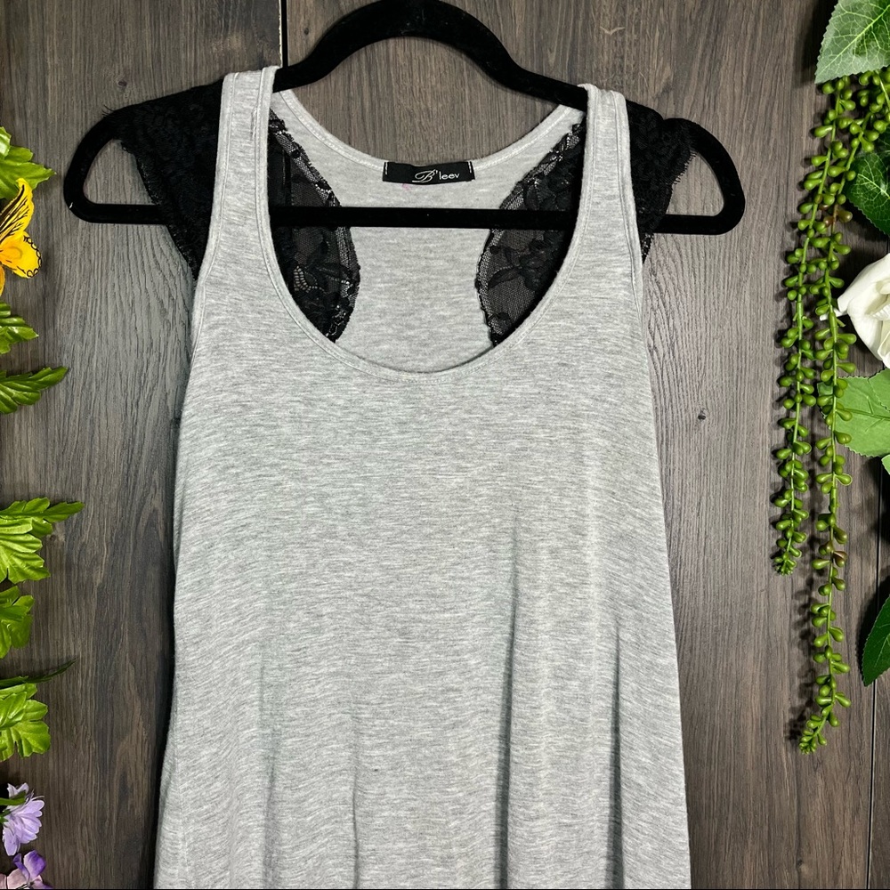 🌼3/$30🌼B'Leev Cap Lace Sleeved Flowy Grey Top Size Medium - Picture 6 of 15
